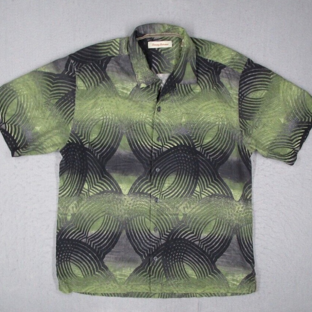 TOMMY BAHAMA Silk Shirt Hawaiian Men XL Green Black